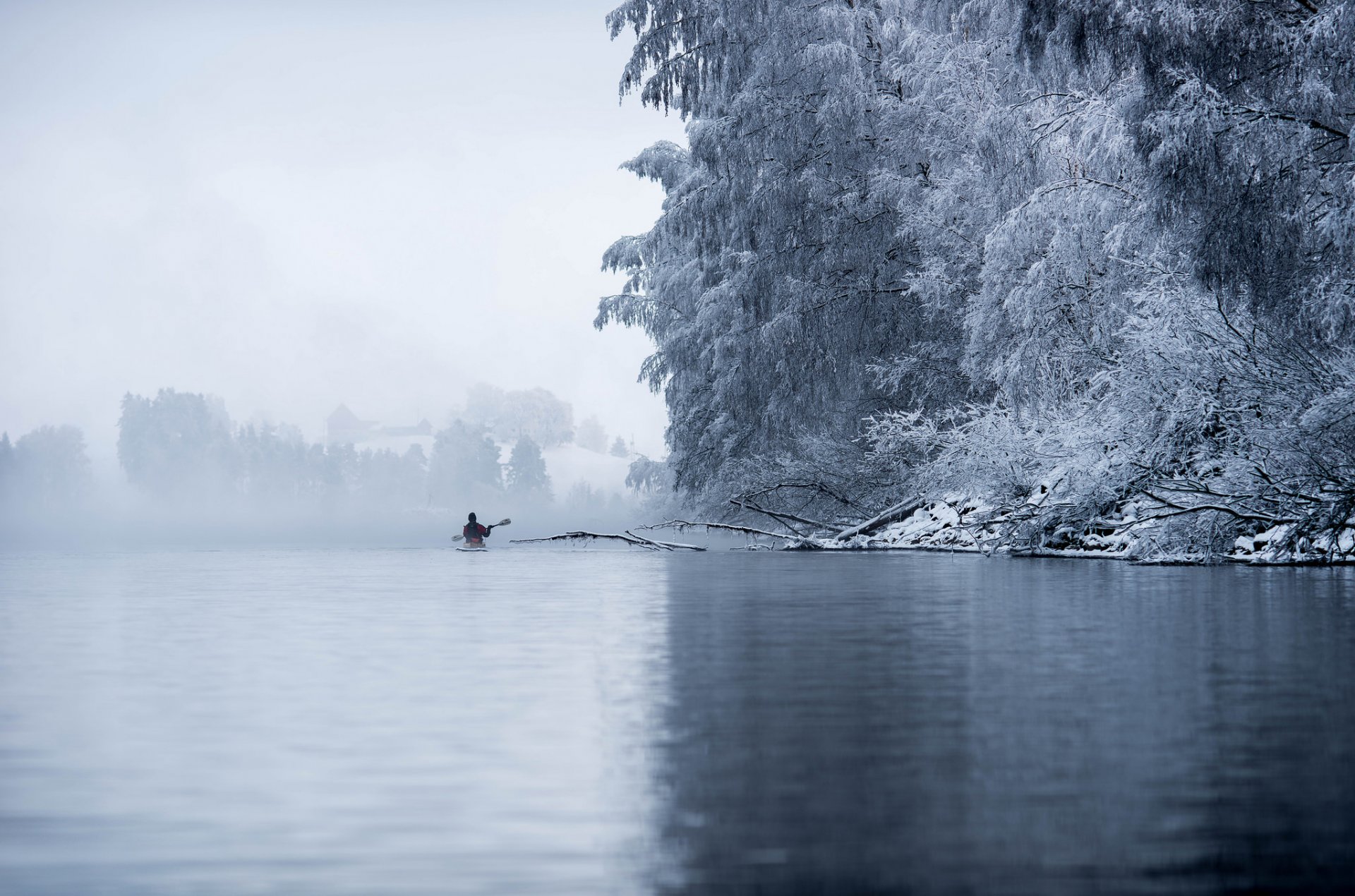 noruega fülke akershus lago invierno árboles escarcha barco kayak