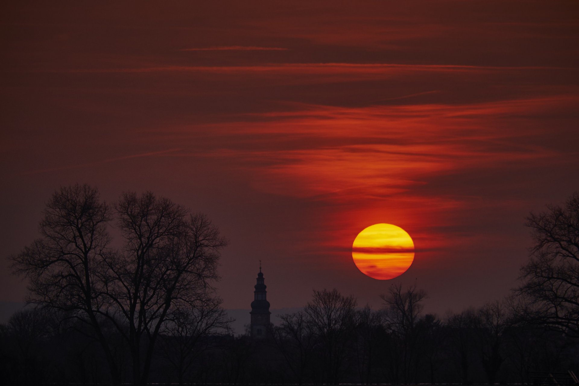 germany forest field tree church temple night red sky sun sunset