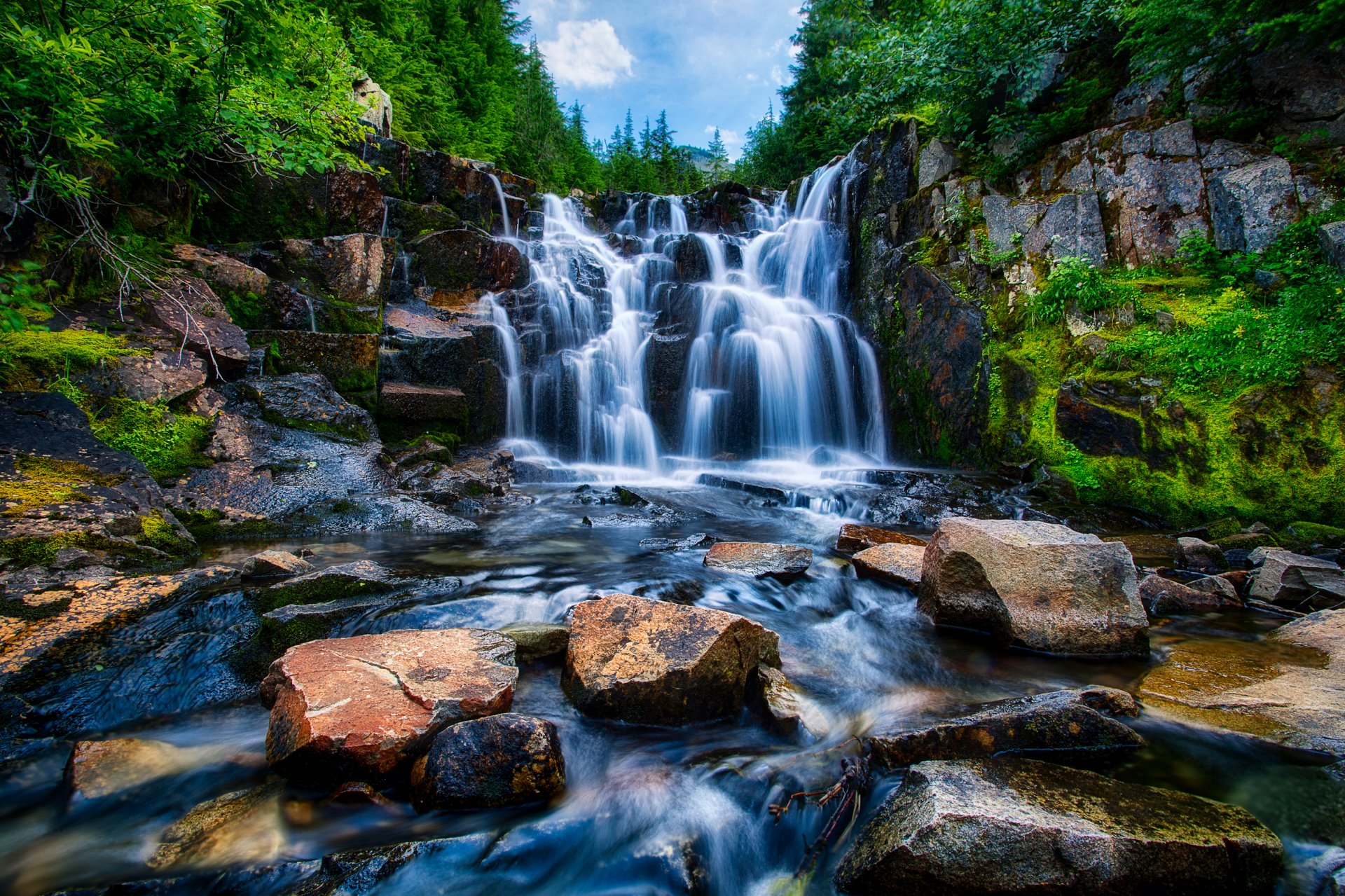 monte rainier washington stati uniti cascata fiume rocce alberi foresta