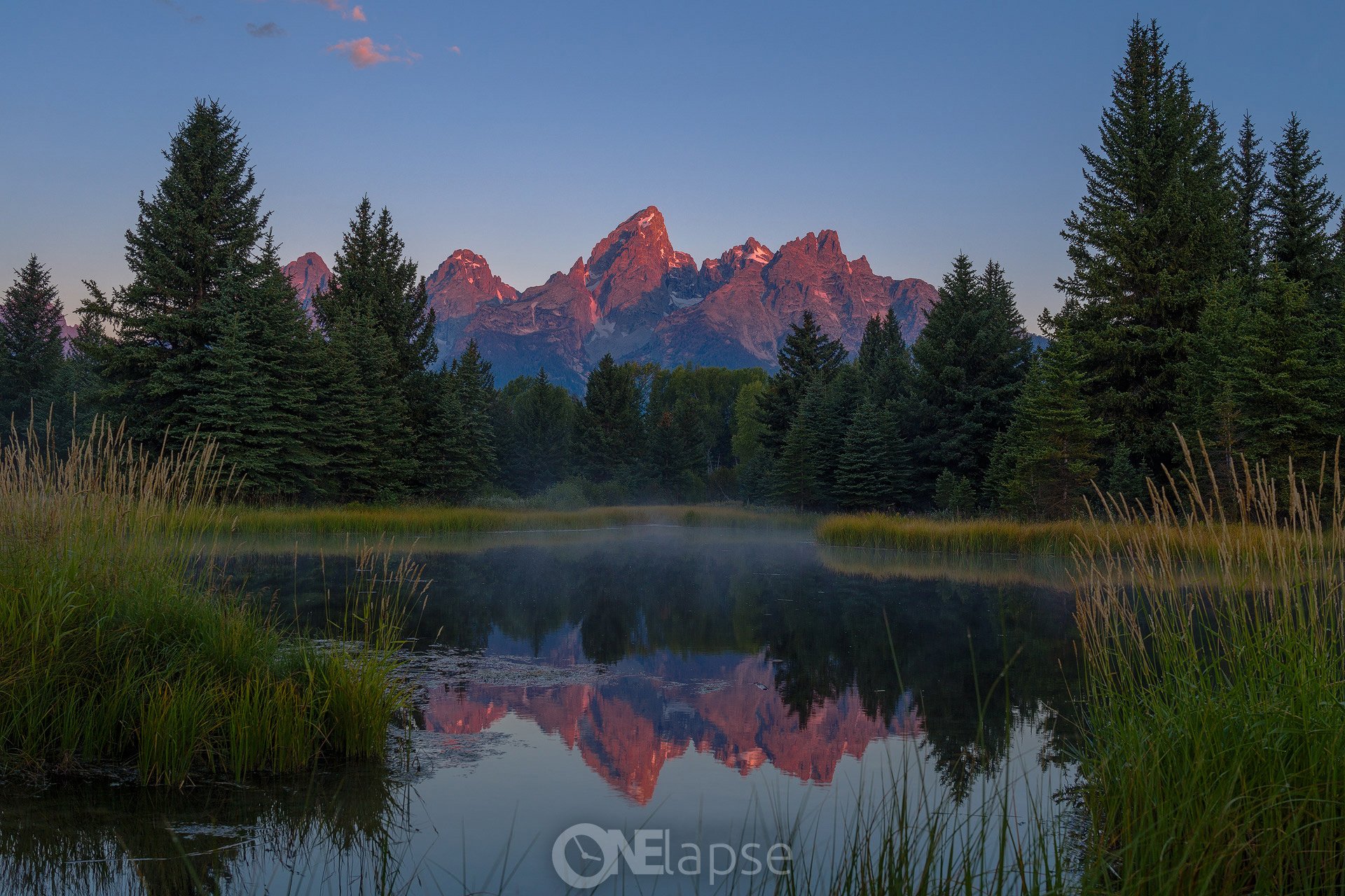 nature usa wyoming parc national de grand teton rivière snake schwabachers plantation forêt montagnes réflexion matin lumière pics ciel