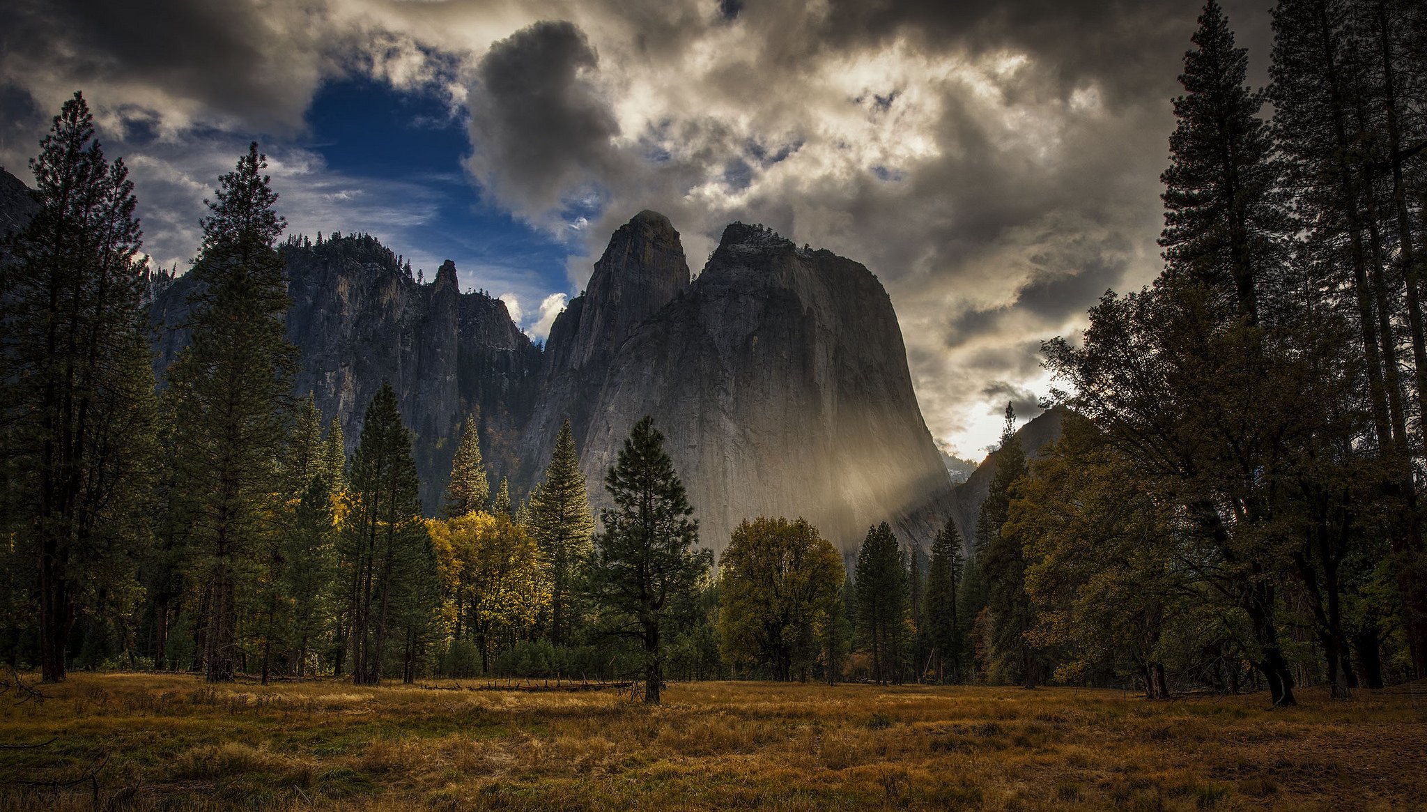 yosemite national park sierra nevada usa berge himmel abend bäume felsen gras herbst