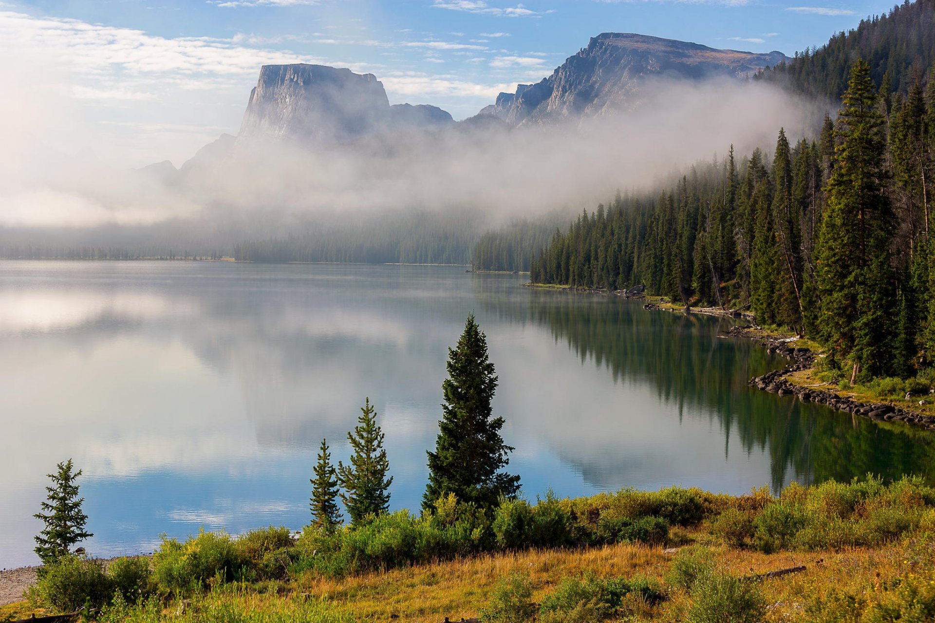 lake mountain tree forest haze