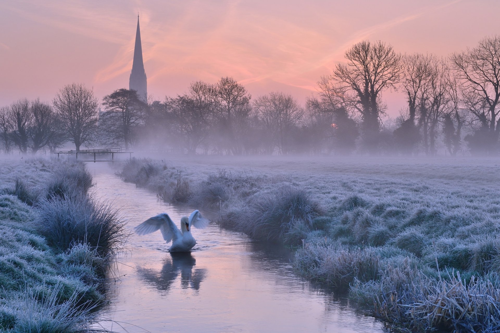 royaume-uni angleterre hiver givre brouillard cathédrale arbres rivière oiseau cygne soirée coucher de soleil orange ciel