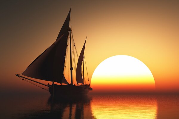 Sailboat on the background of the setting sun