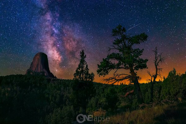 Vulcano e foresta di conifere sullo sfondo della scintillante Via Lattea e tramonto