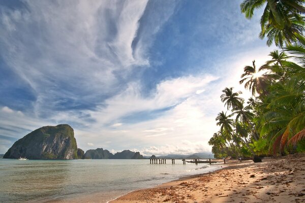 Landscape, palm trees on the ocean overlooking the island in the sea and the shore with sand. Tropical beach view of the sky with clouds