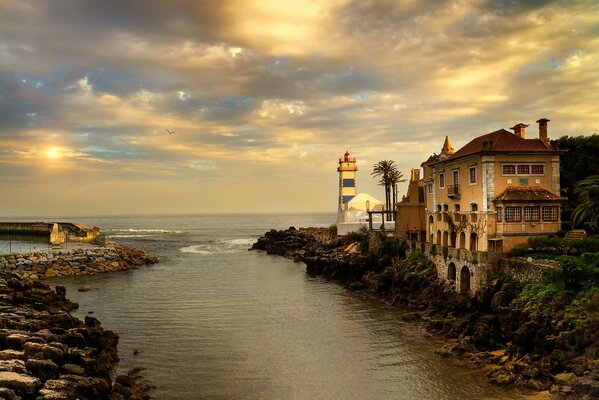 Sunset in the bay at the lighthouse