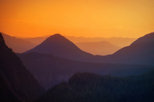 Sonnenuntergang, Blick auf Hügel und Bäume