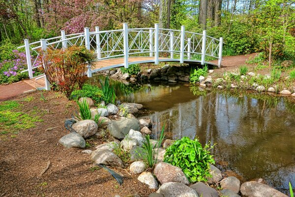 Foto des Gartens im Frühling. Brücke und Steinufer auf dem Land