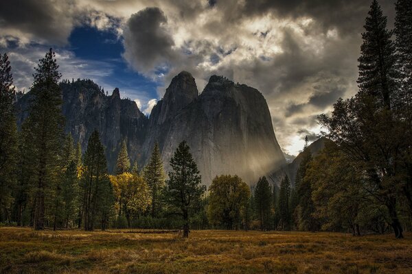 Montañas en el bosque en el fondo del cielo sepulcral