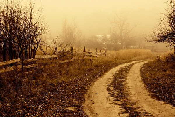 Camino rural a lo largo de la antigua valla de madera, los contornos de casas y árboles ahogados en la niebla
