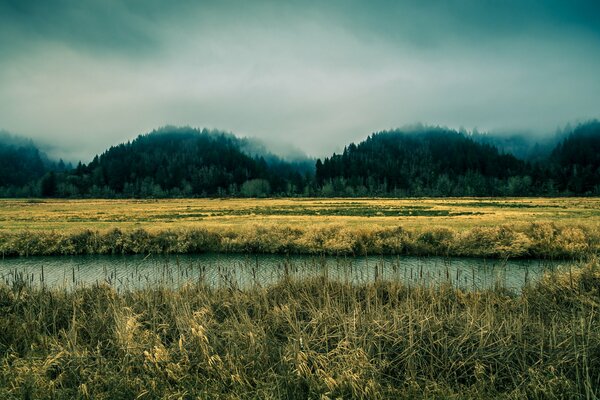 Colline nebbiose torreggiano sul fiume