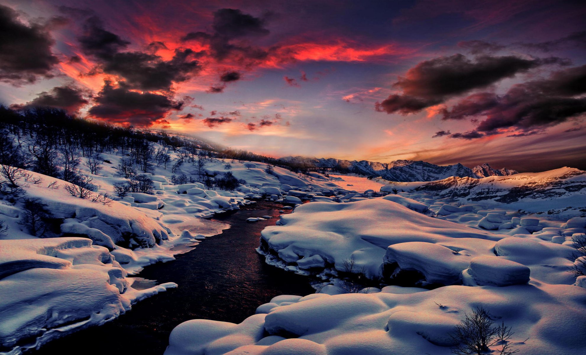 winter snow river nature rasvet mountain forest