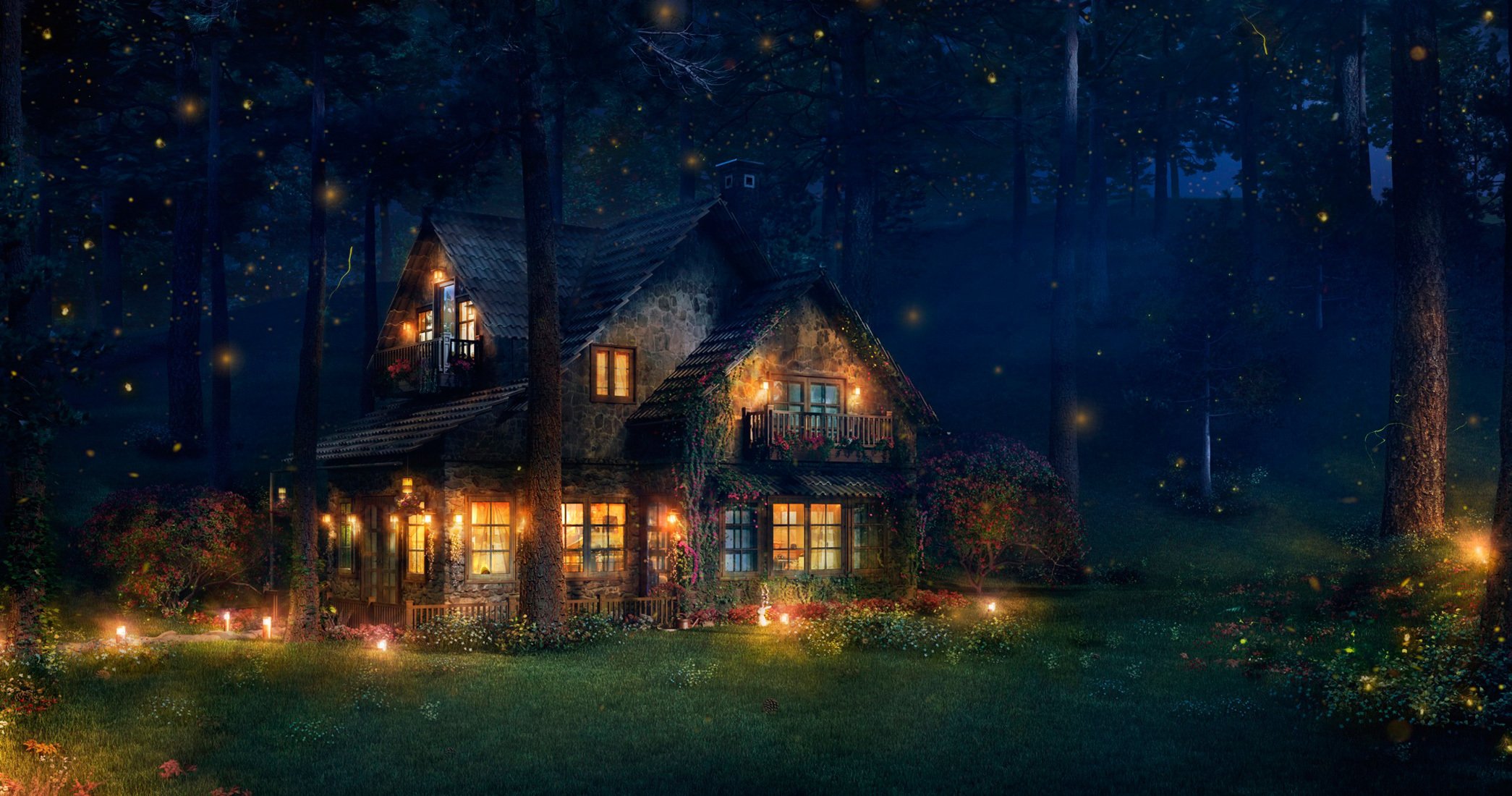 firefly cottage foresta lucciole arte casa