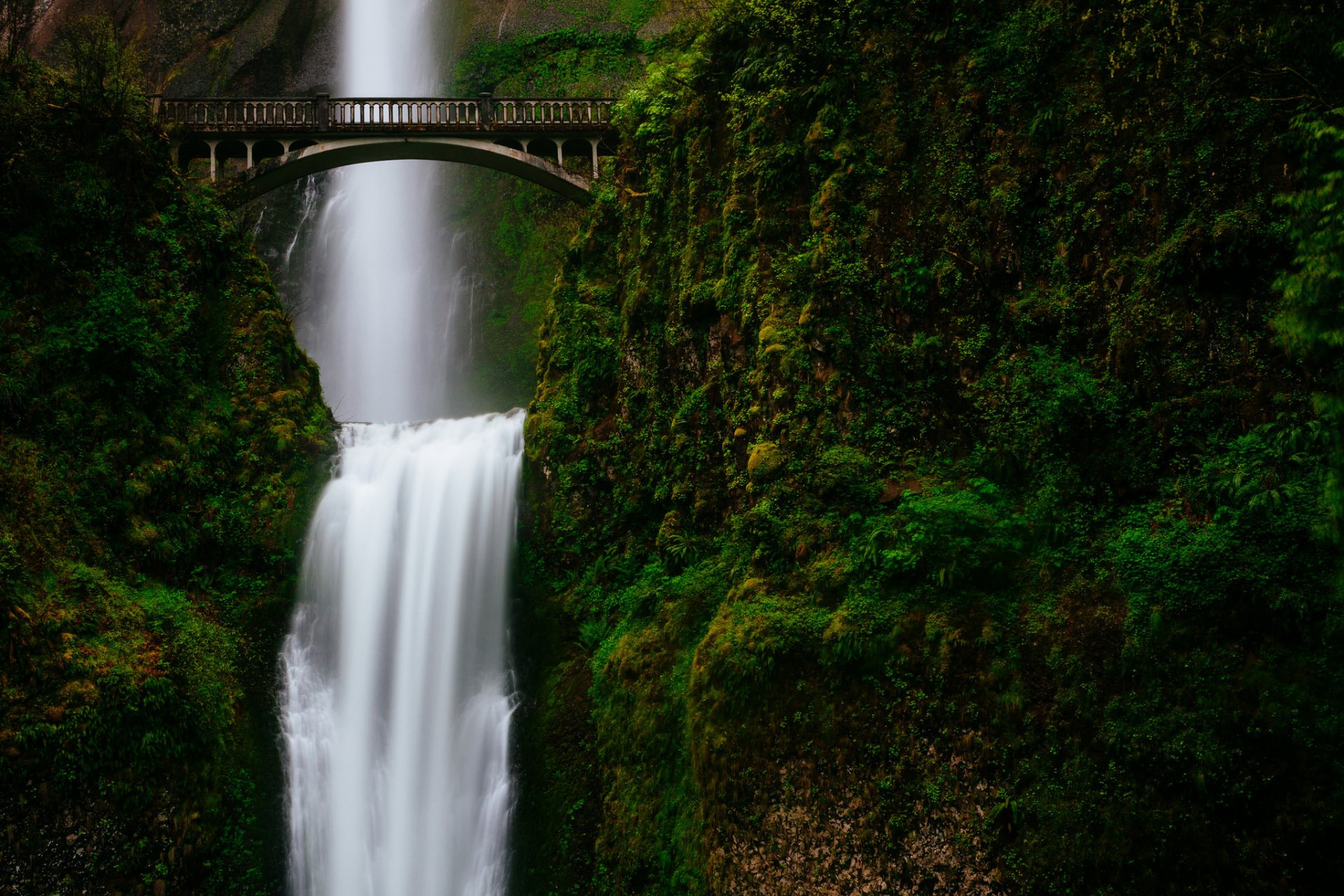 montagnes verdure ruisseau cascade pont