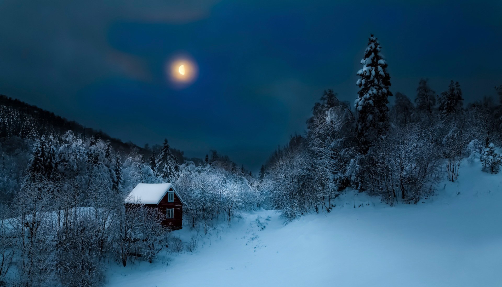 nuit hiver lune dérives vieux solitaire maison