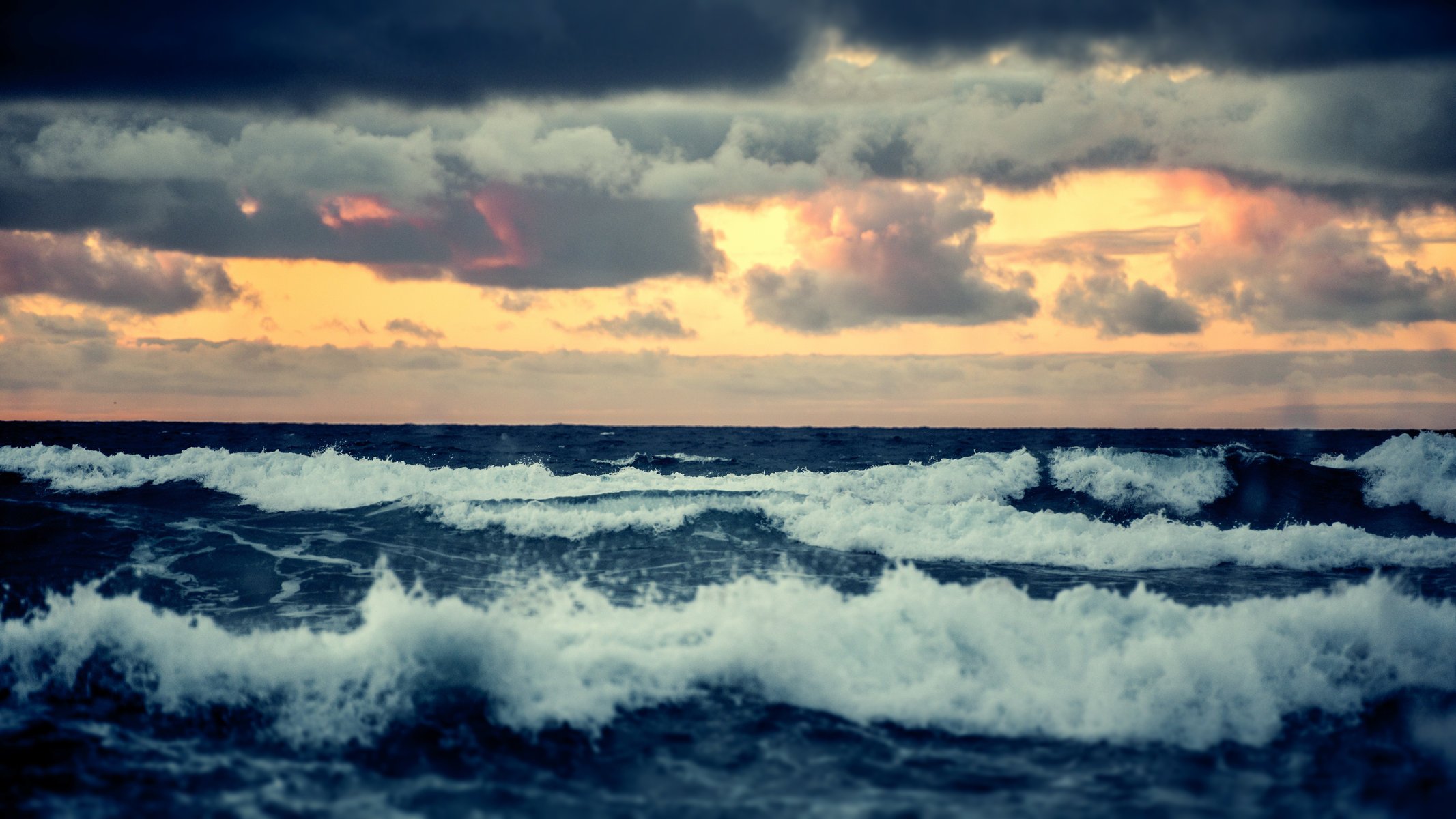 waves sea clouds sunset horizon troubled sea