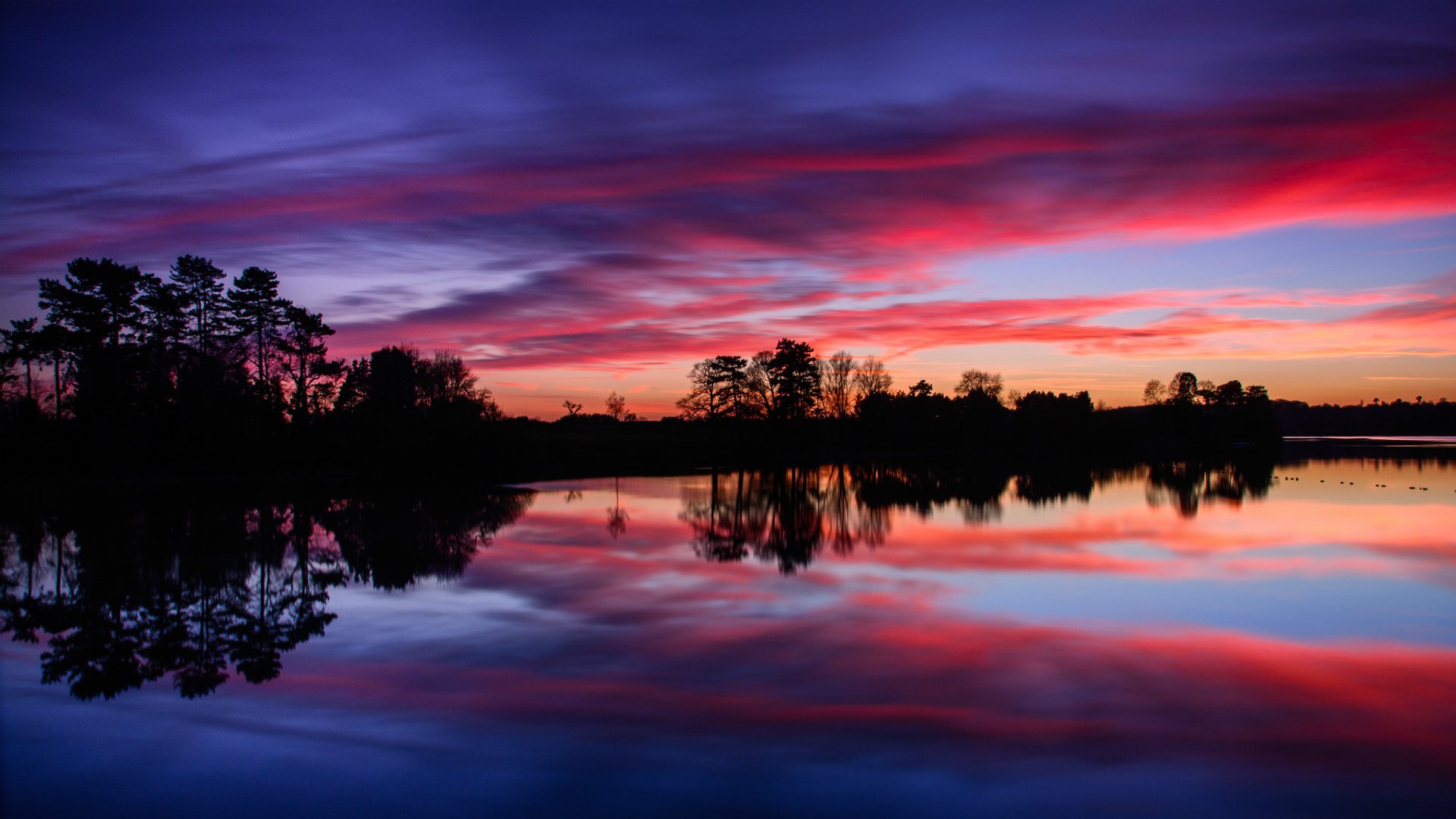 reino unido inglaterra embalse agua superficie costa bosque árboles tarde puesta del sol cielo nubes reflexión