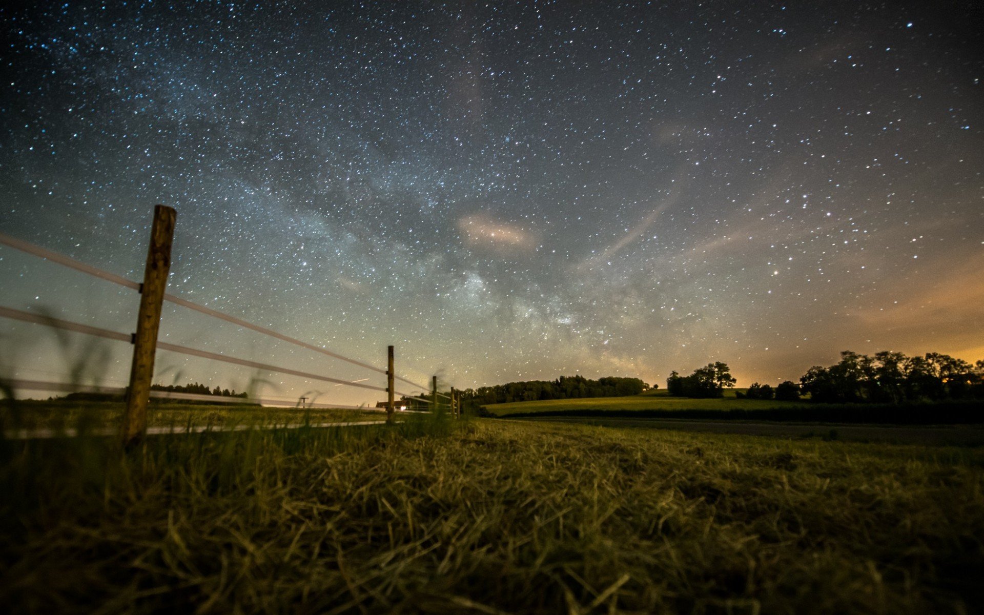 ummer night the field fence forest sky star photo