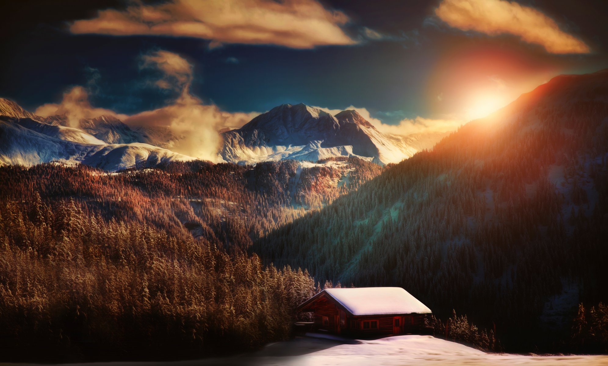 ort zum entspannen berge wald sonne haus verarbeitung