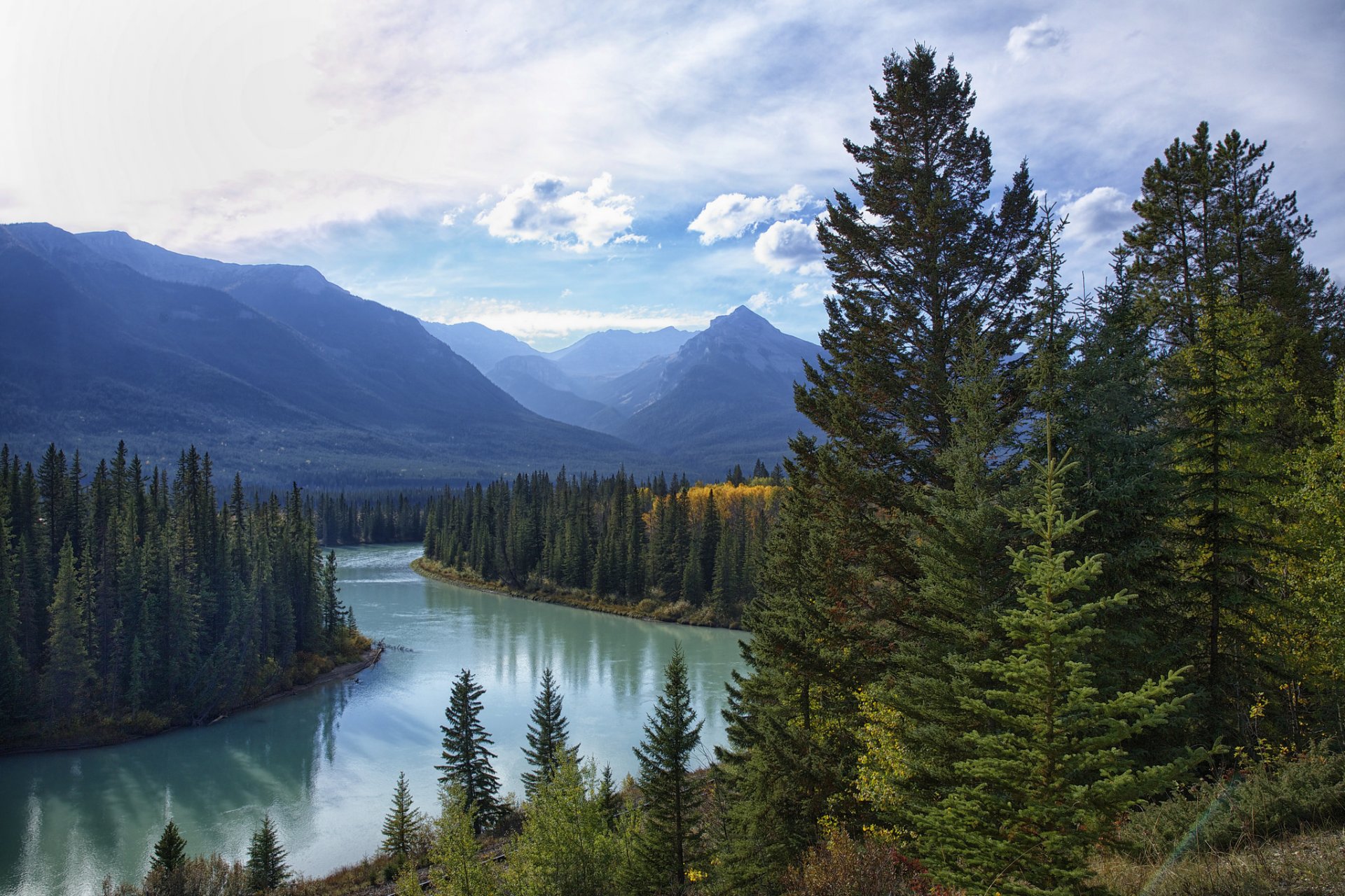 ciel nuages forêt rivière lac montagnes arbres