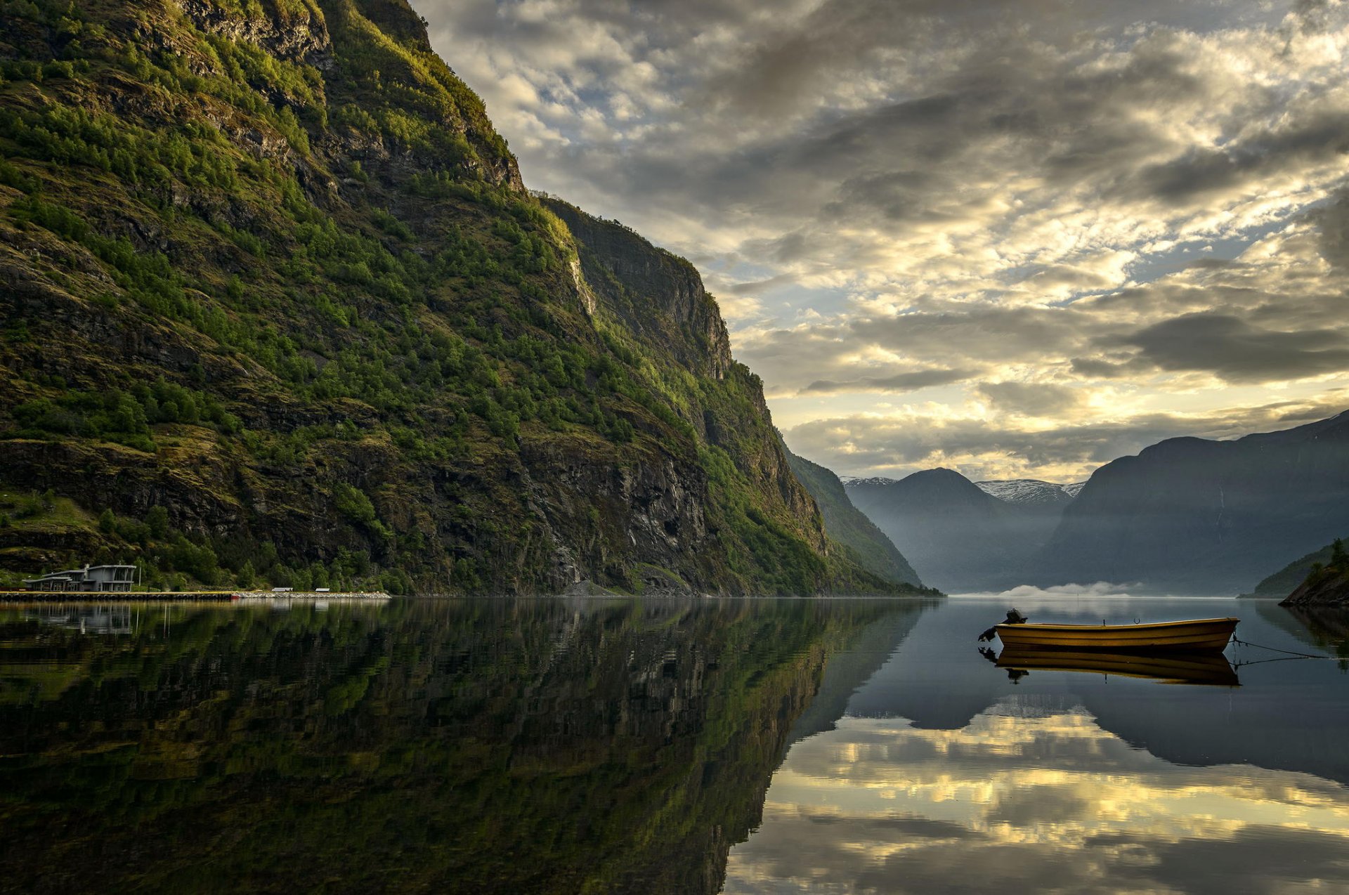 lake boat reflection forest jungle mountain