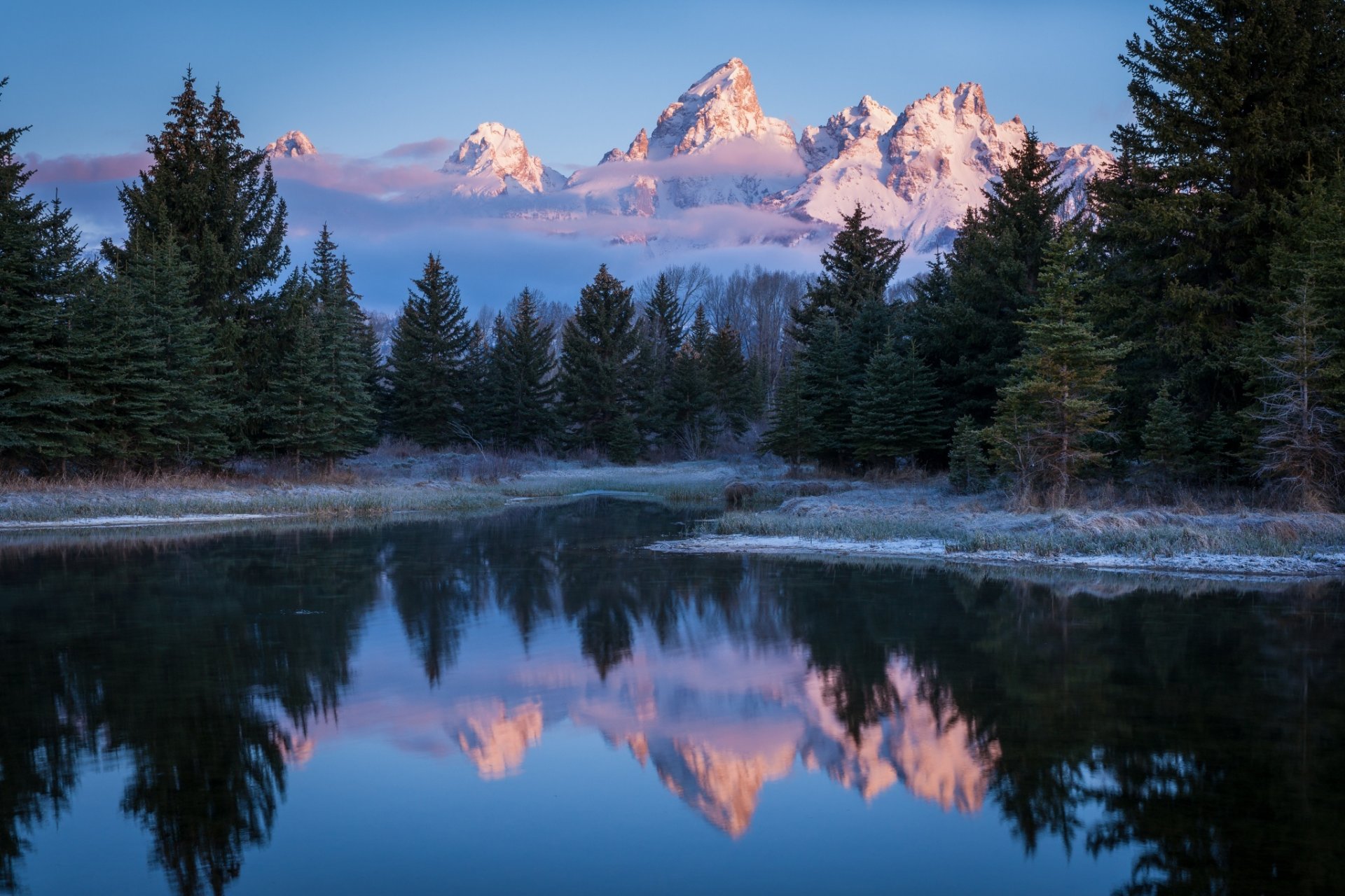 naturaleza estados unidos wyoming parque nacional grand teton río snake schwabachers aterrizaje bosque montañas reflexiones escarcha mañana