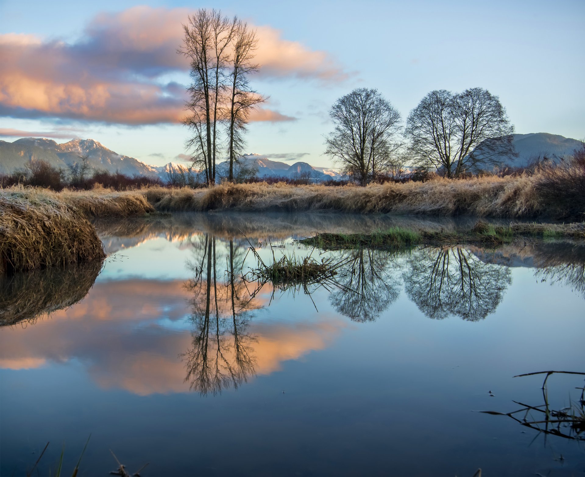 britisch-kolumbien kanada berge bäume see reflexion himmel wolken frost gras