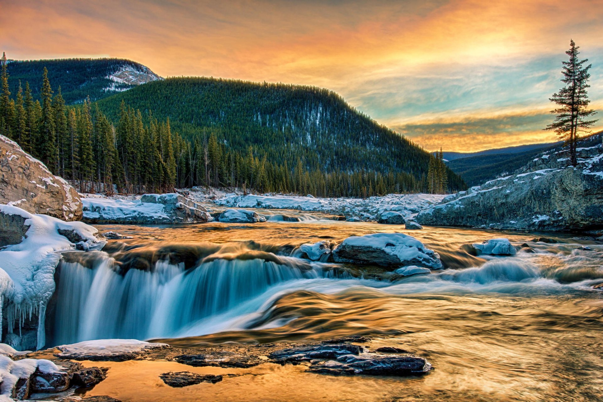 bosque montañas río cascada canadá puesta de sol naturaleza