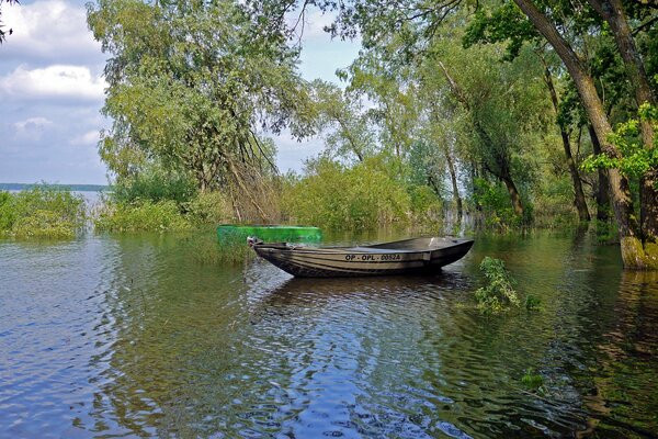 Boat on the river during high water