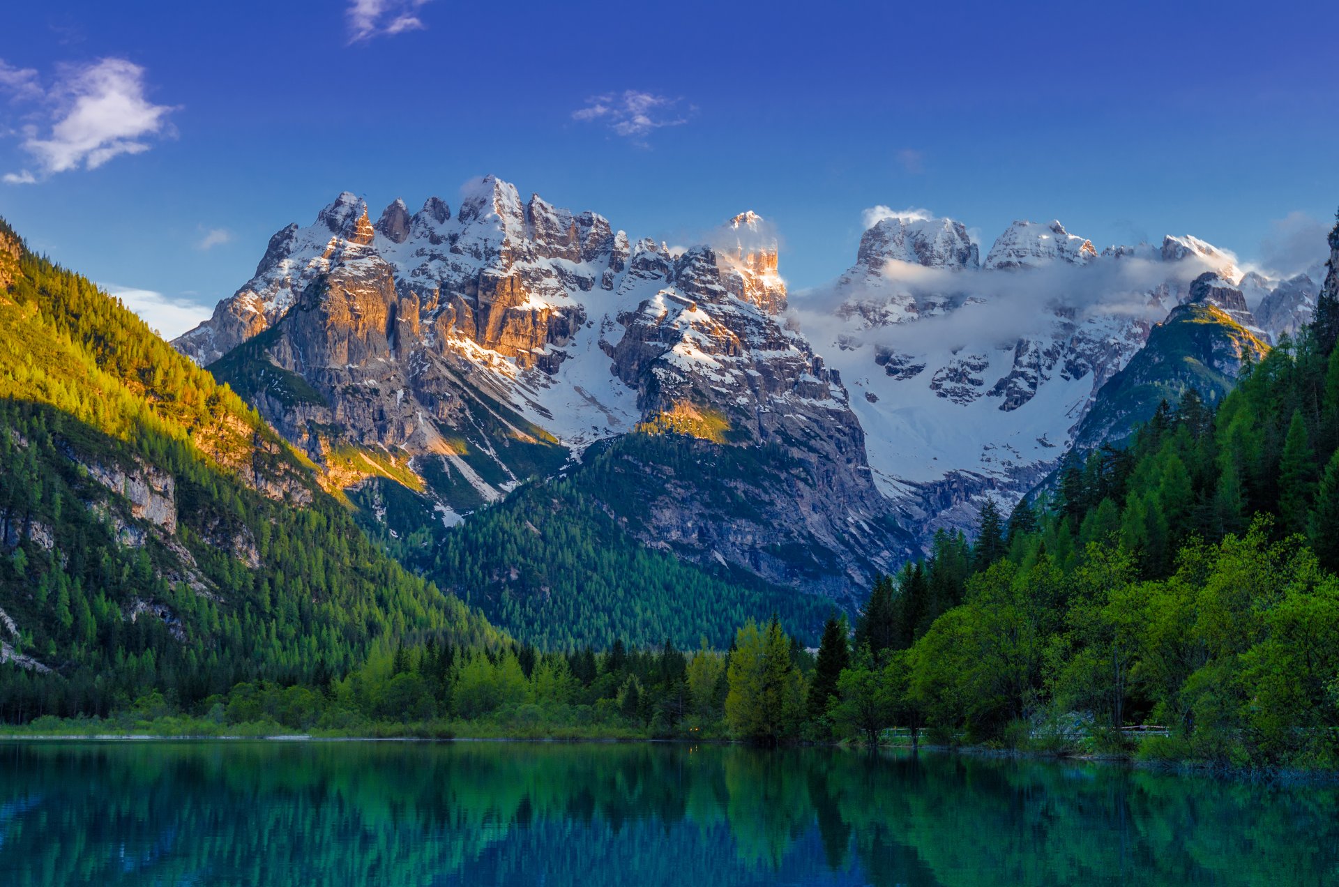 landscape lake emerald mountain mountains snow forest spruce