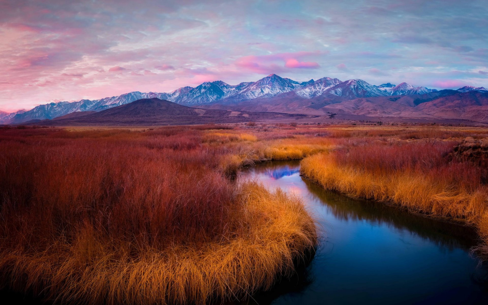 mountain river nature landscape grass dawn