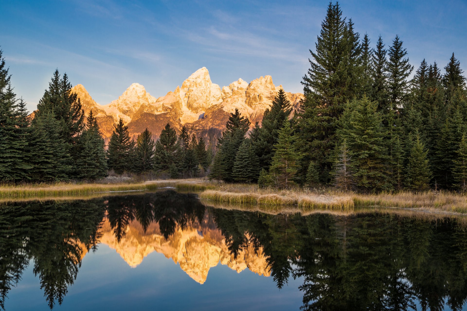 stany zjednoczone wyoming park narodowy grand teton góry rzeka las poranek niebo chmury odbicie