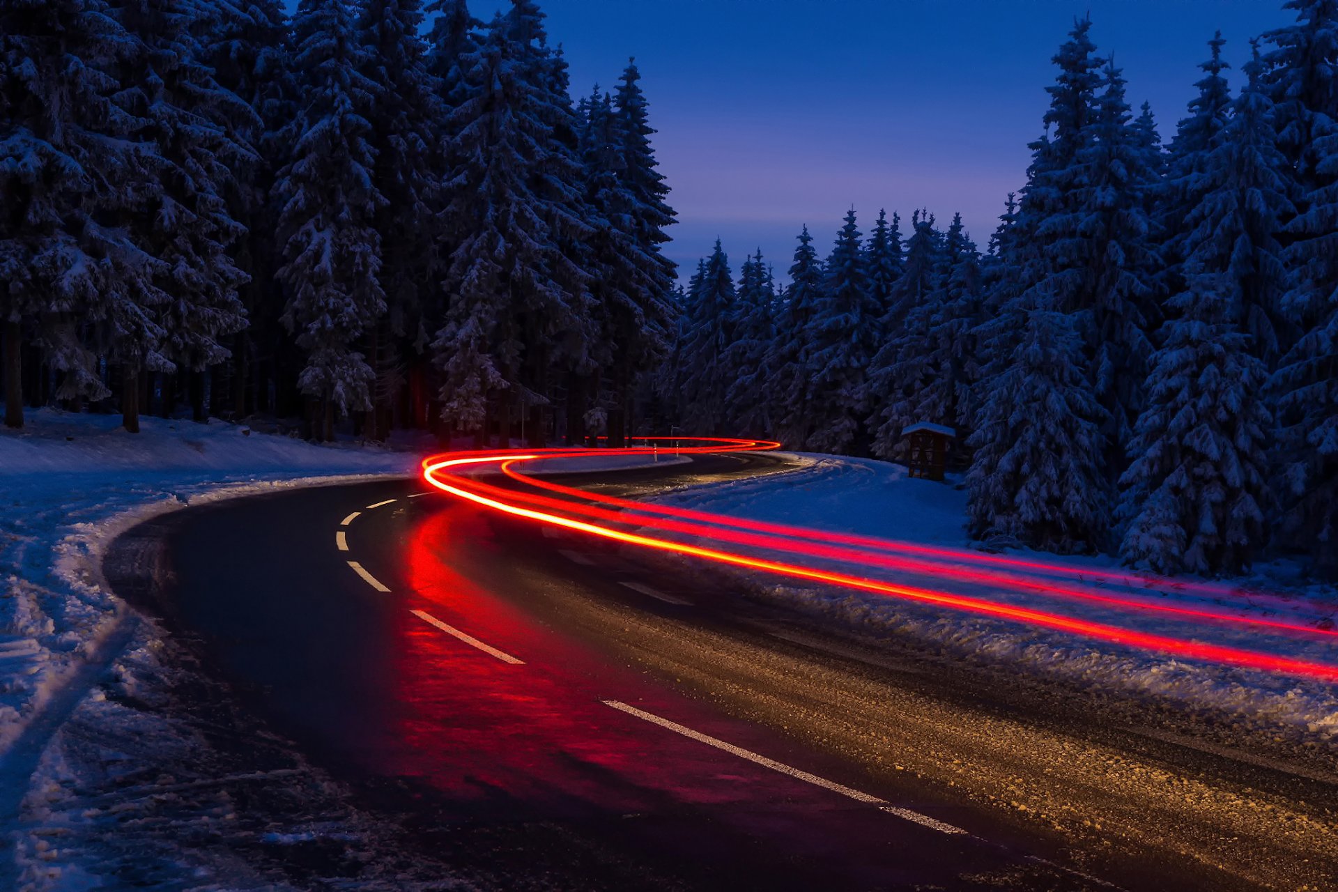 winter straße schnee licht lichter belichtung wald nacht