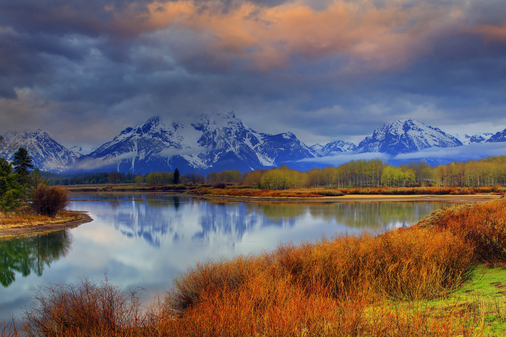 wyoming usa niebo chmury góry las rzeka natura jezioro drzewa śnieg