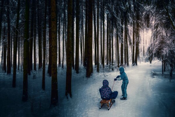 Juegos infantiles en el bosque de invierno