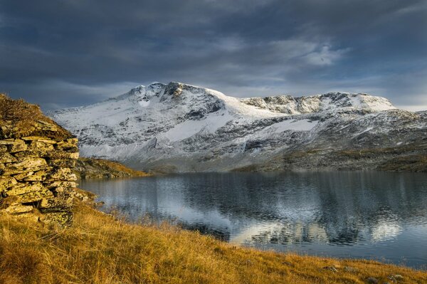 Lake in the mountains in early winter