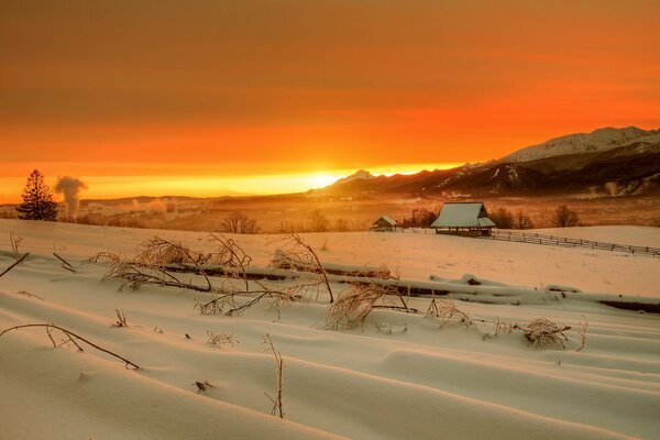 Alba di montagna e campo di neve