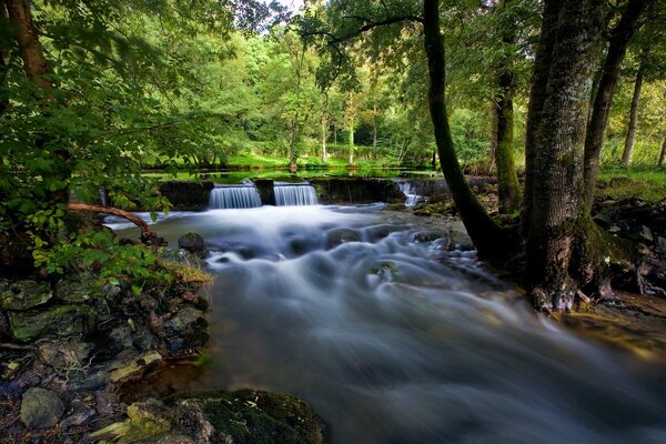 Waterfall flowing over large stones