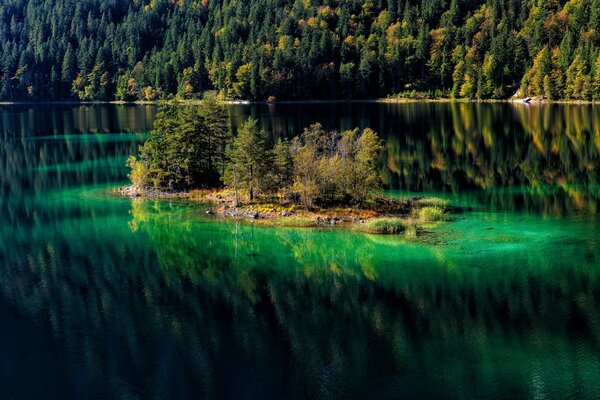 Lac miroir au milieu des montagnes forestières