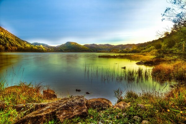 A lake in the mountains with thickets of grass