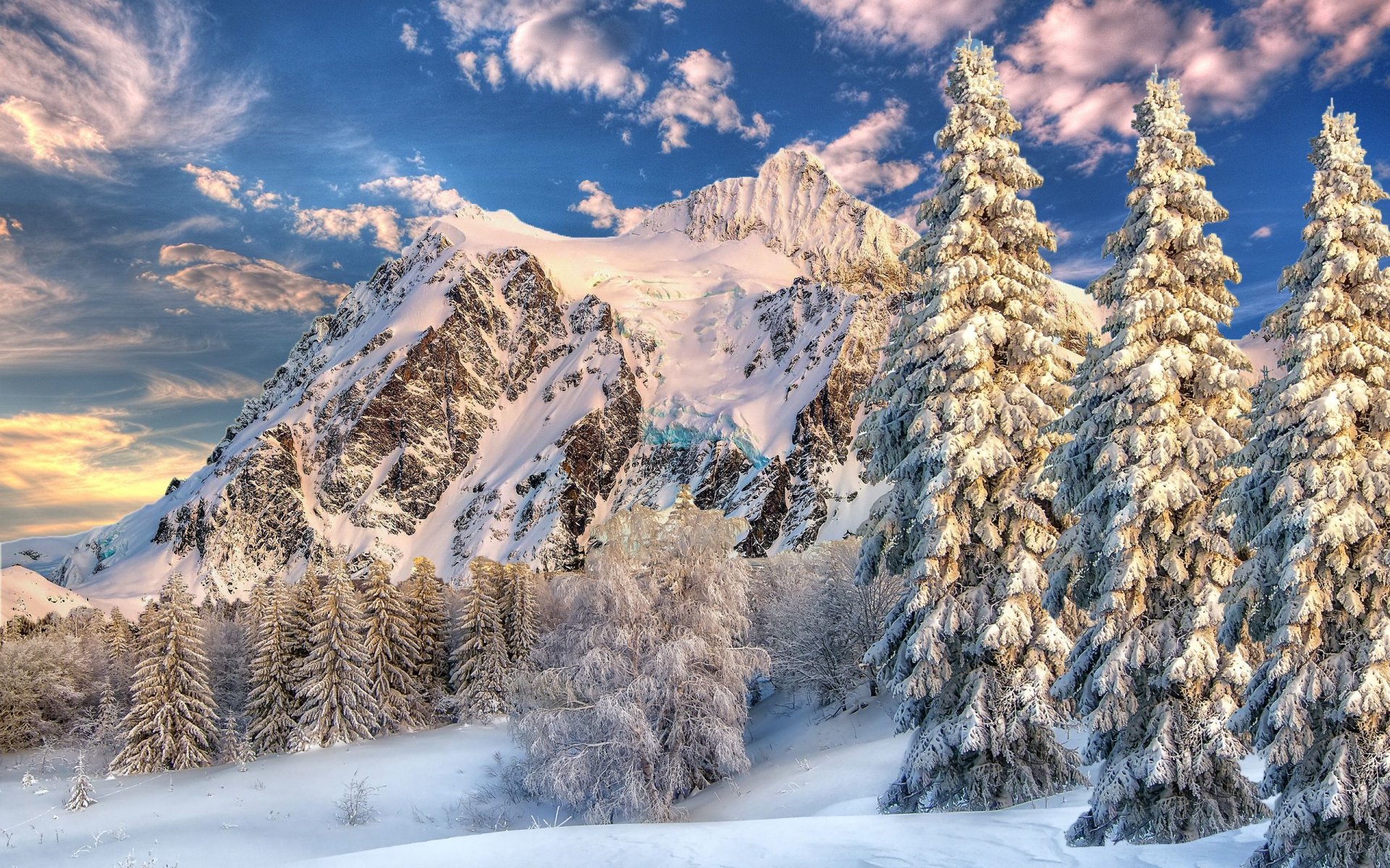 cielo nubes montañas invierno nieve árboles abeto paisaje