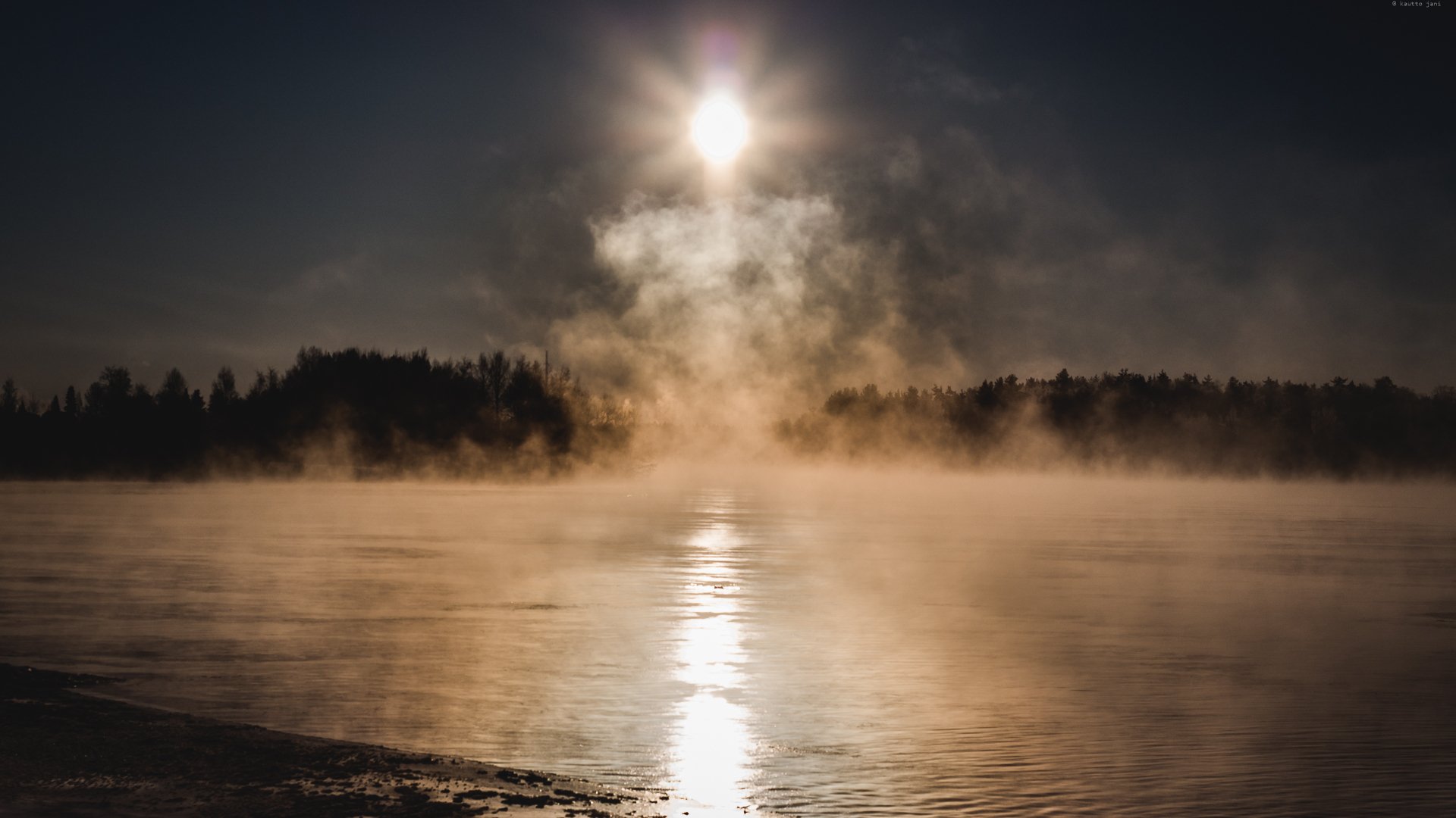 lac forêt soleil brouillard froid