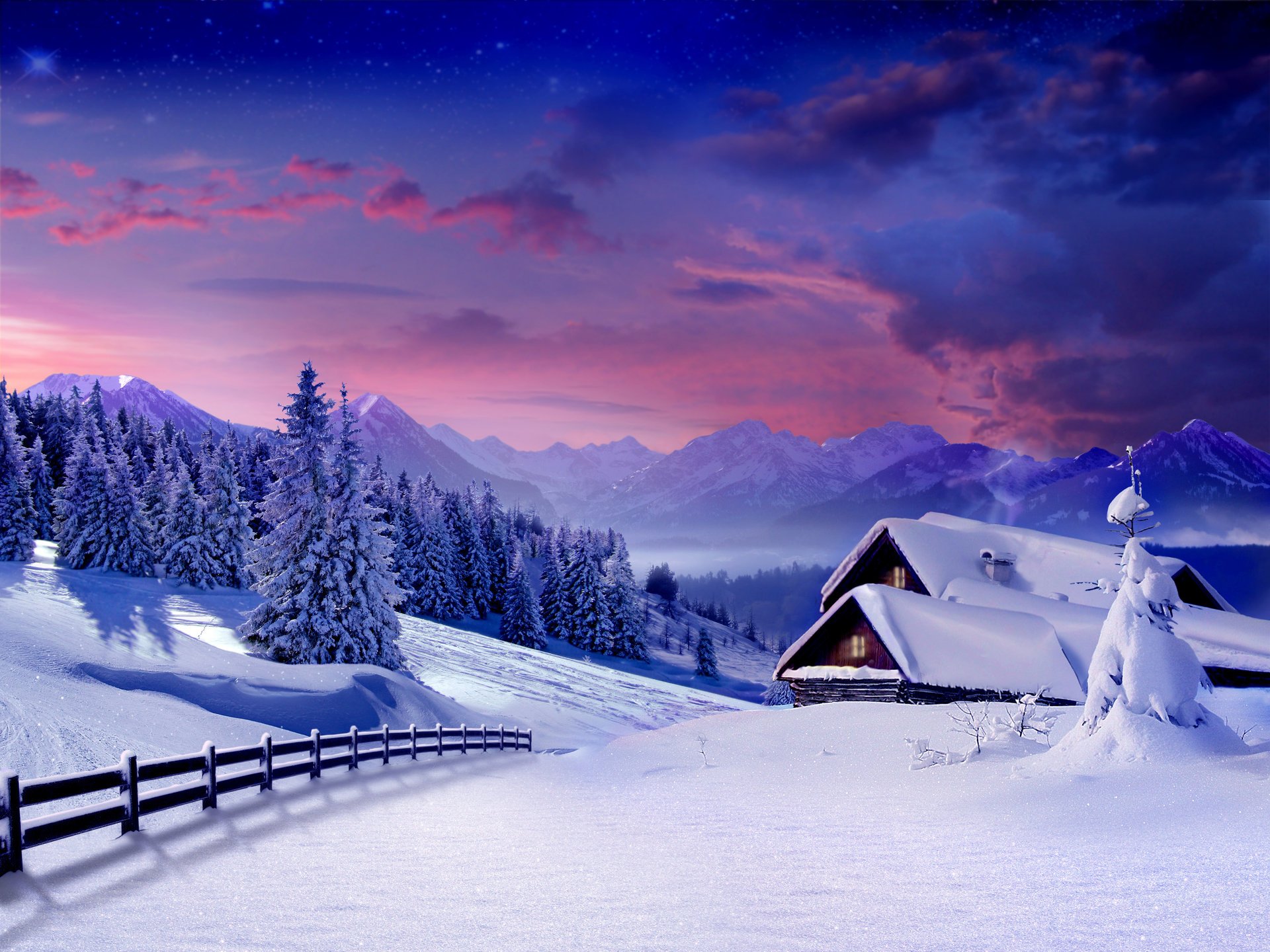 winter landscape snow winter christmas trees hut village