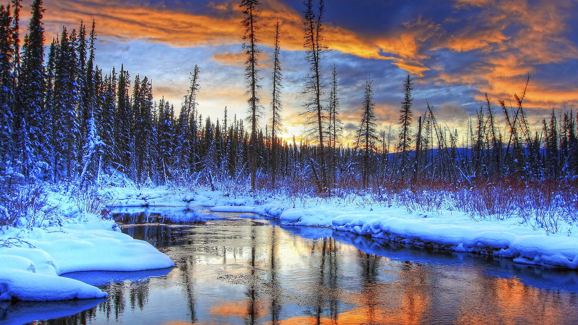 himmel wolken sonnenuntergang winter schnee bäume fluss bach landschaft wald berge