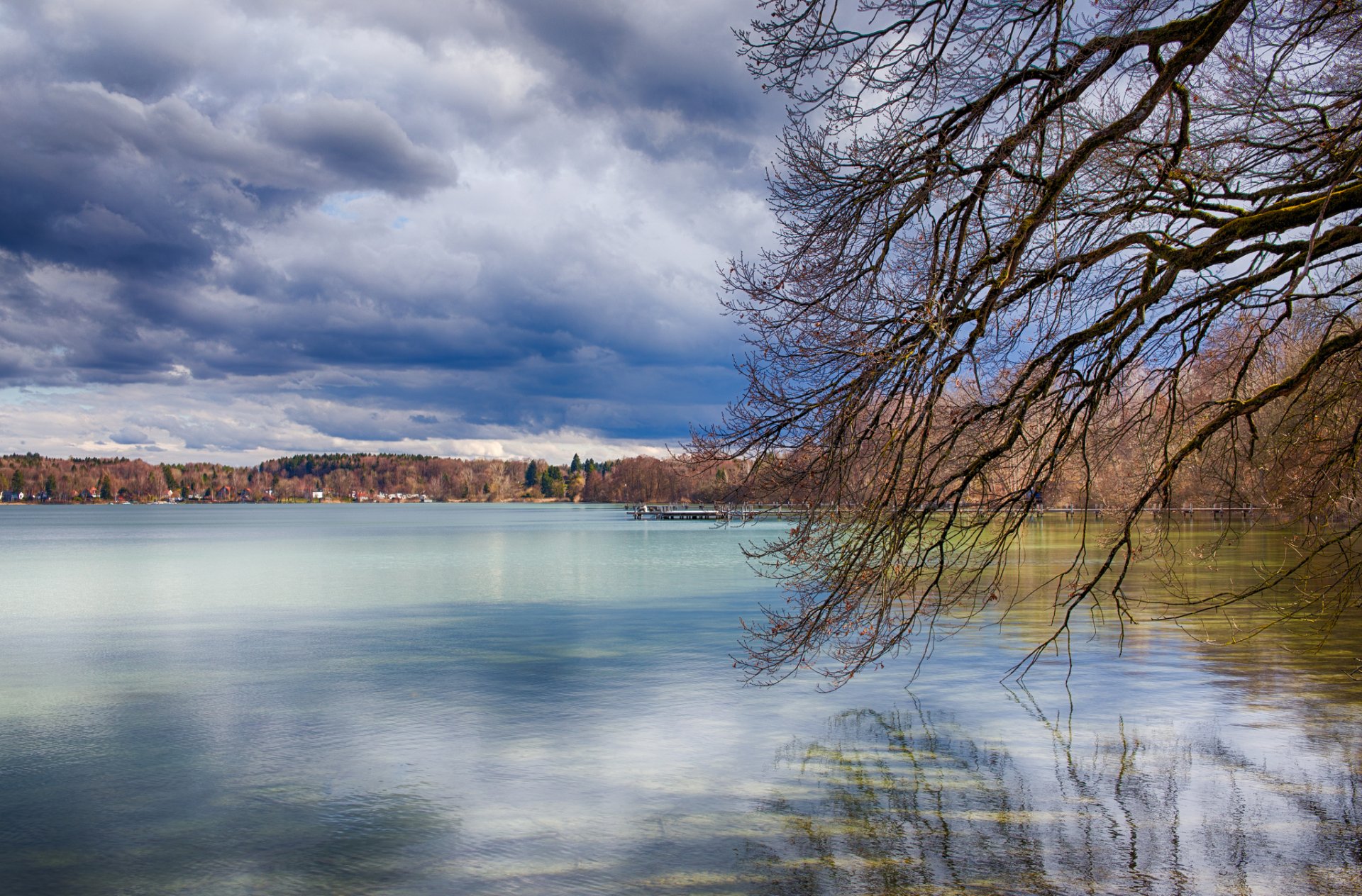 primavera lago nuvole nuvole alberi rami