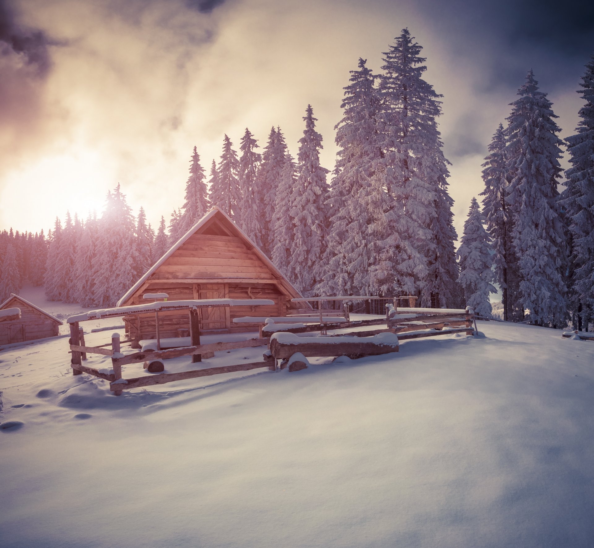 winter landscape snow winter christmas trees hut village