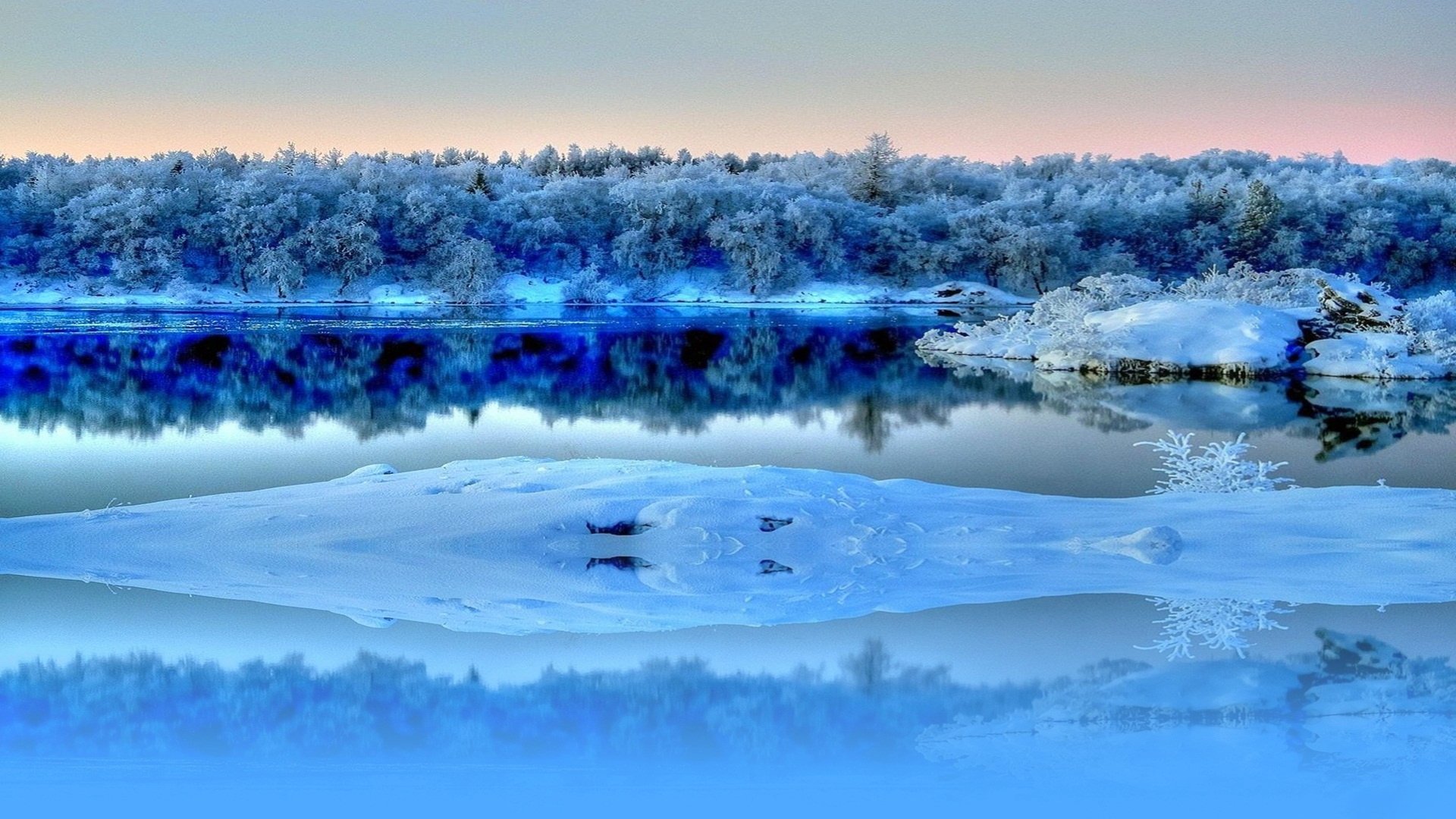 ciel forêt rivière arbres réflexion neige givre hiver