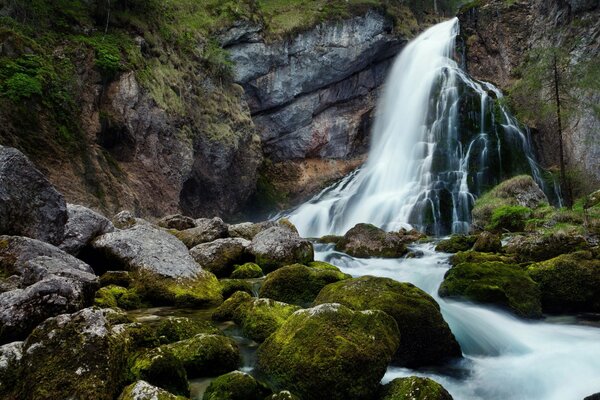 Wasserfall, der von den Bergen absteigt, mit Moos bewachsene Steine