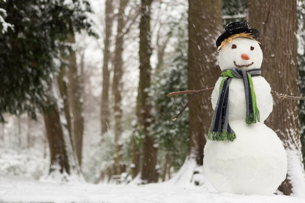 A beautiful snowman stands in the forest by a tree